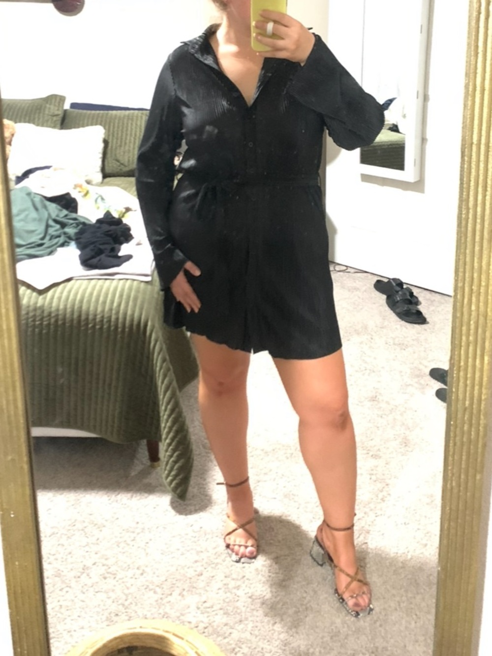 Black Button-Front Shirt Dress with Tie Waist